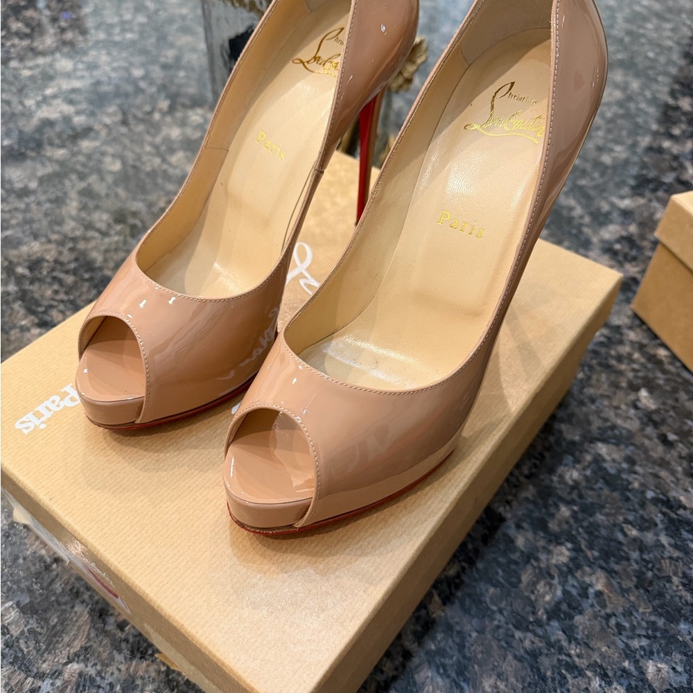 Saks Fifth Avenue Nude Patent Peep-Toe Stiletto Pumps